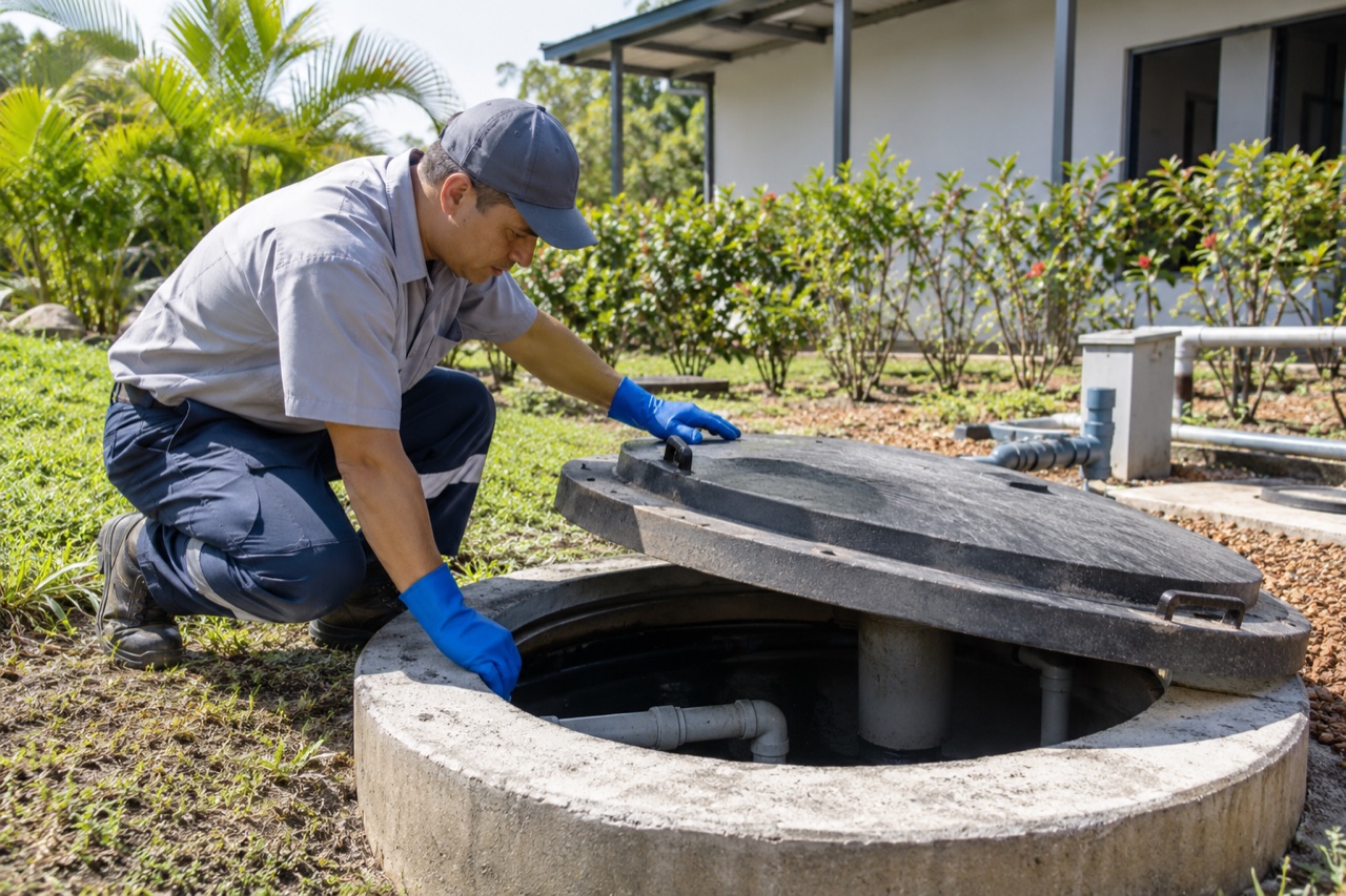 Técnico inspeccionando un sistema de aguas residuales en una instalación