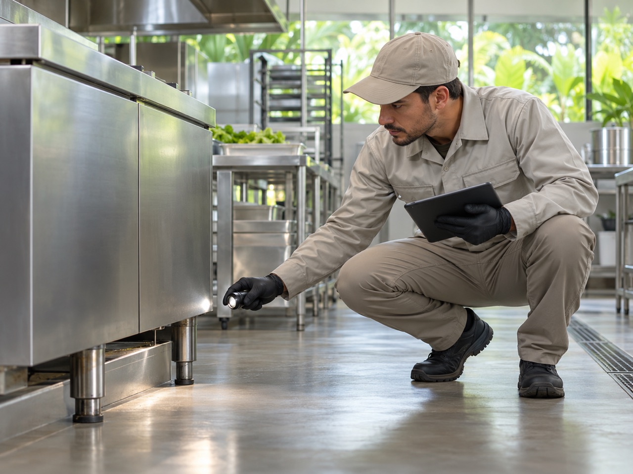 Imagen ilustrativa: técnico de control de plagas inspecciona una cocina comercial limpia